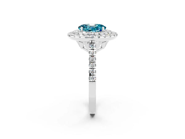 Silver Double Halo Oval Cut Blue Topaz Pavé Band with Four-Prong Setting