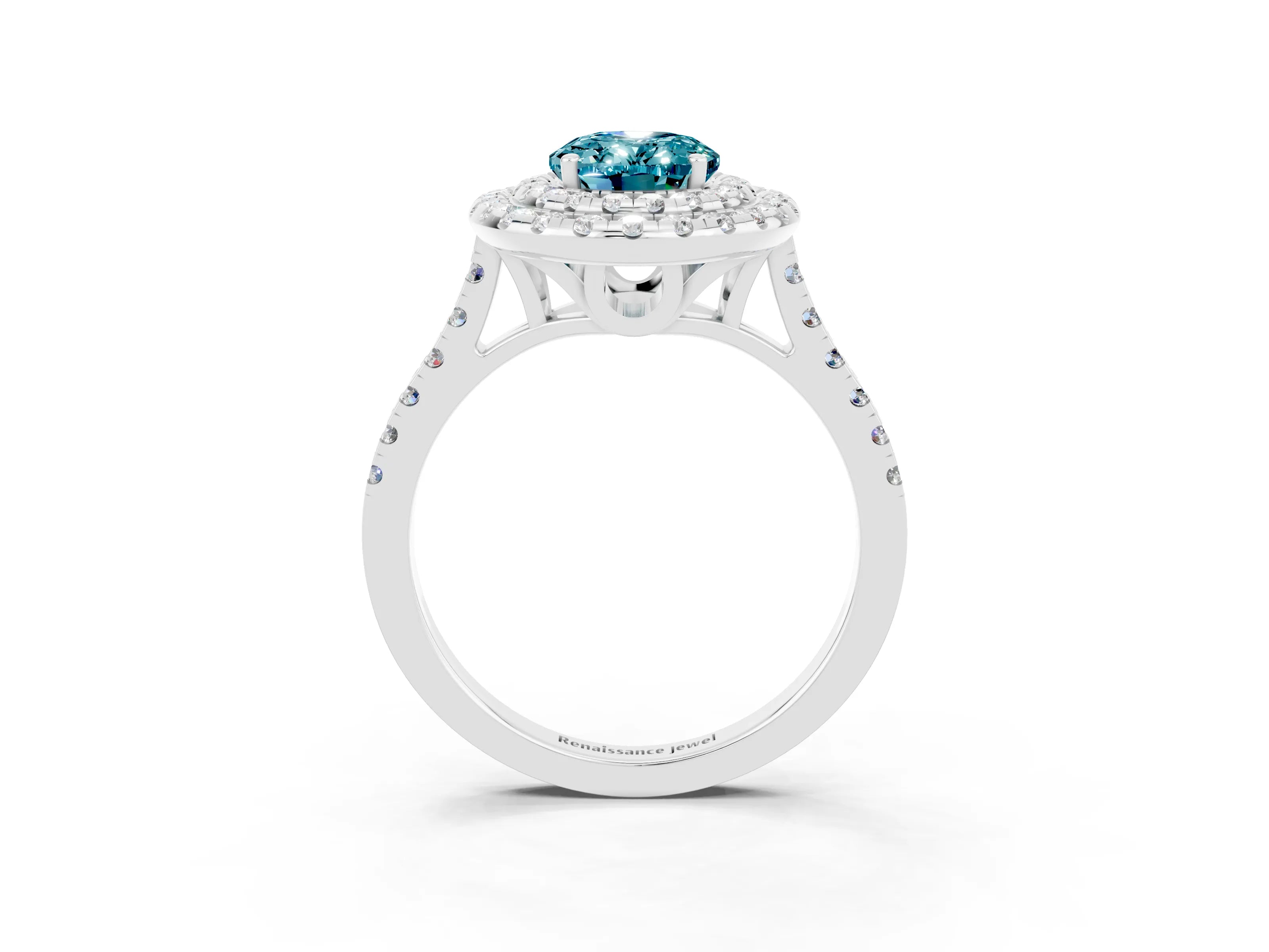 White gold Double Halo Oval Cut Blue Topaz Pavé Band with Four-Prong Setting_3