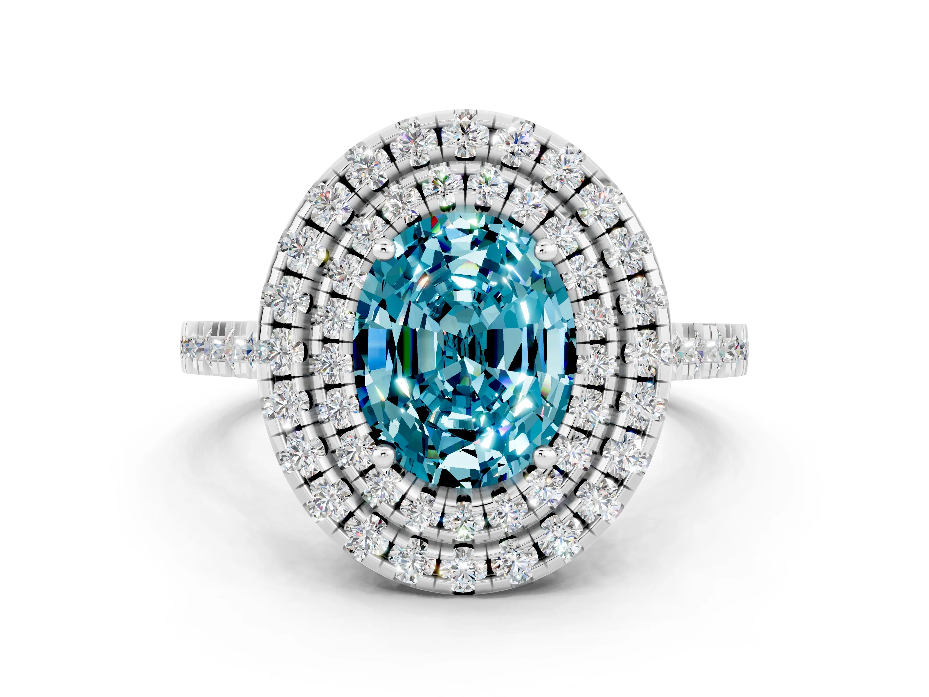 White gold Double Halo Oval Cut Blue Topaz Pavé Band with Four-Prong Setting