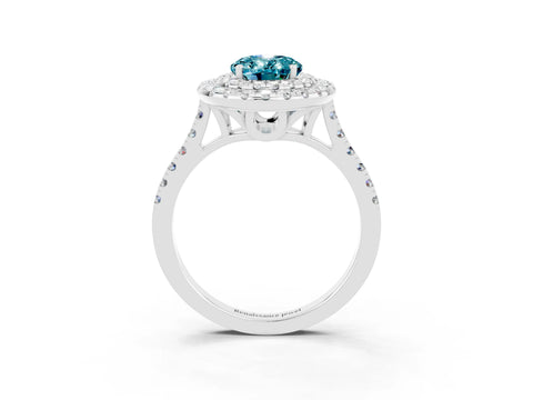 White gold Double Halo Oval Cut Blue Topaz Pavé Band with Four-Prong Setting_3