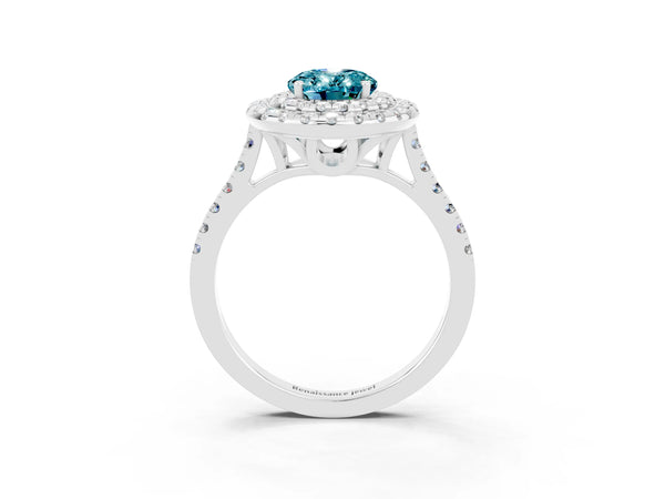White gold Double Halo Oval Cut Blue Topaz Pavé Band with Four-Prong Setting