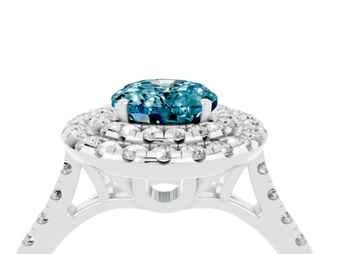 White gold Double Halo Oval Cut Blue Topaz Pavé Band with Four-Prong Setting_4