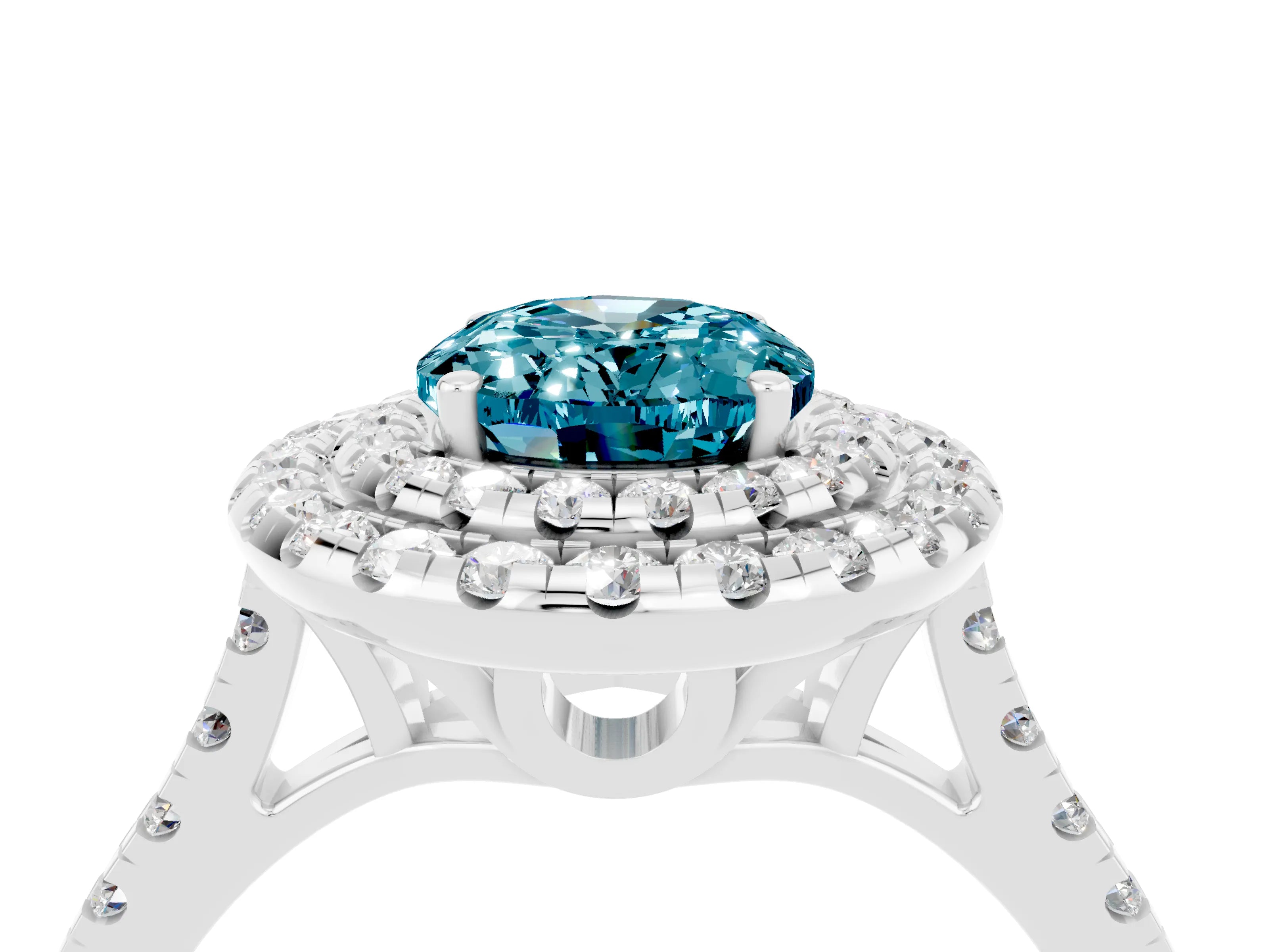 White gold Double Halo Oval Cut Blue Topaz Pavé Band with Four-Prong Setting_4