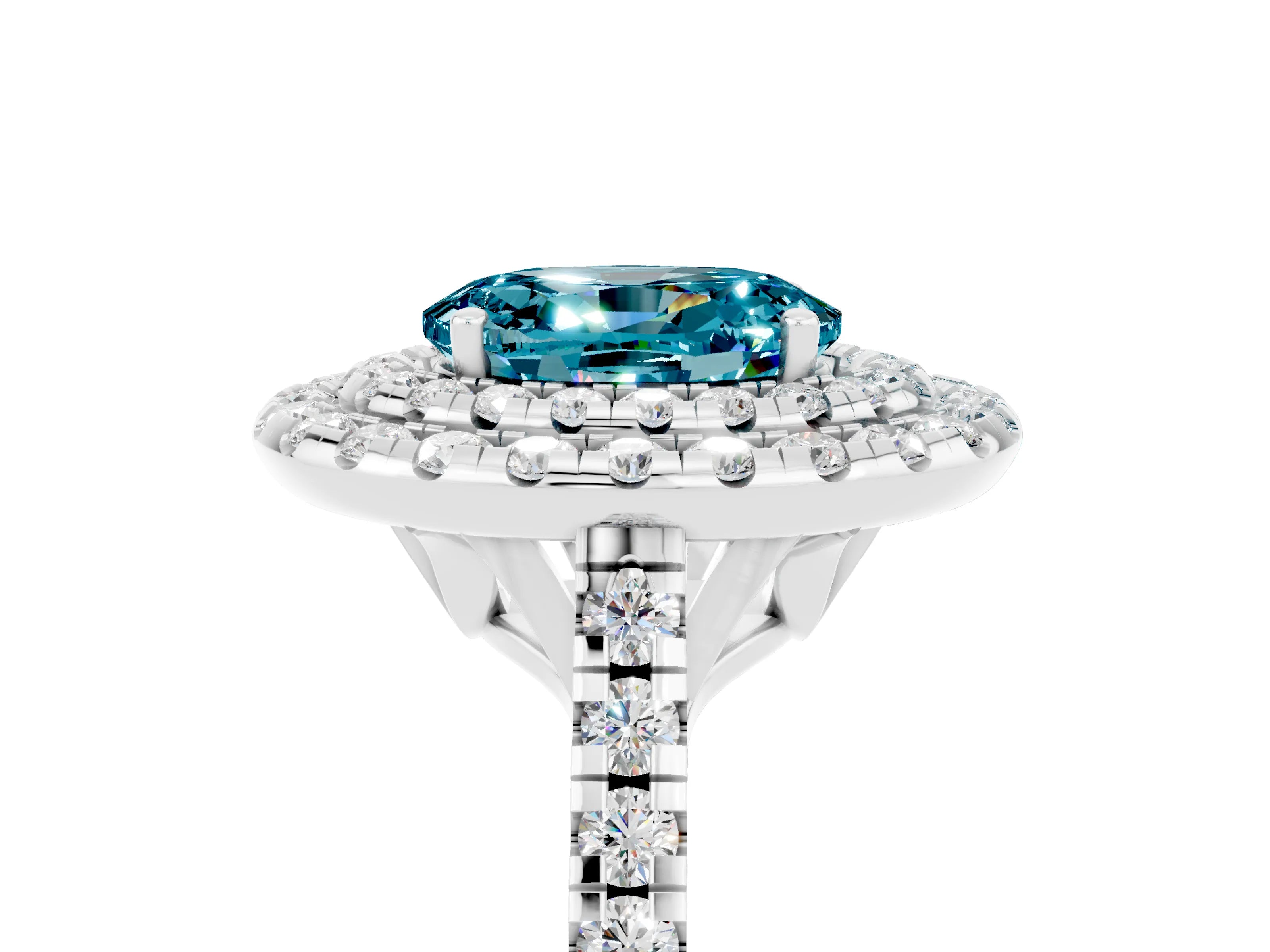 White gold Double Halo Oval Cut Blue Topaz Pavé Band with Four-Prong Setting_5