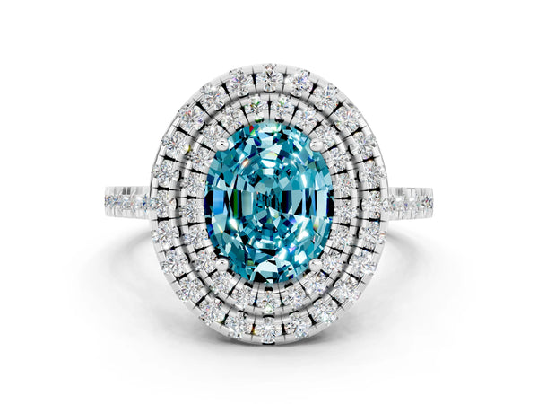 White gold Double Halo Oval Cut Blue Topaz Pavé Band with Four-Prong Setting