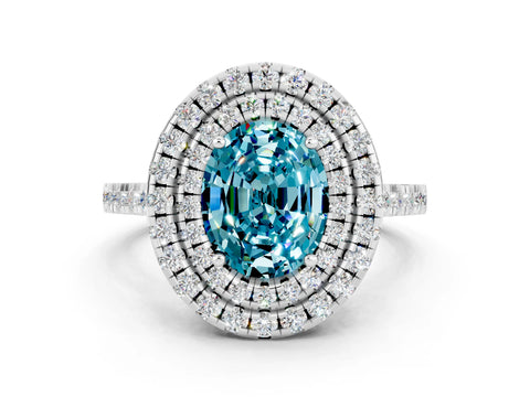 White gold Double Halo Oval Cut Blue Topaz Pavé Band with Four-Prong Setting