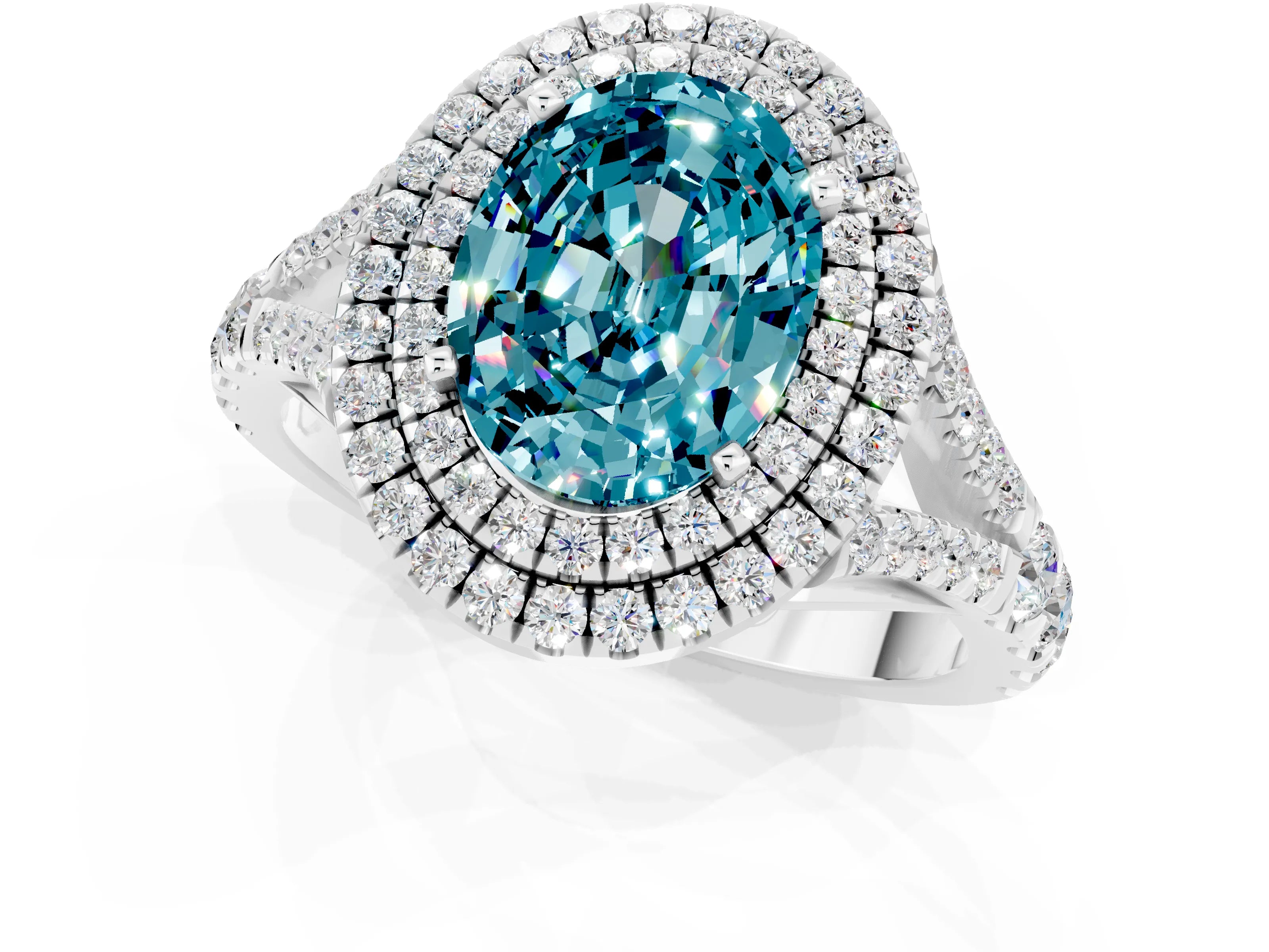 White gold Double Halo Oval Cut Blue Topaz Pavé Split Shank Ring with Prong Setting_1
