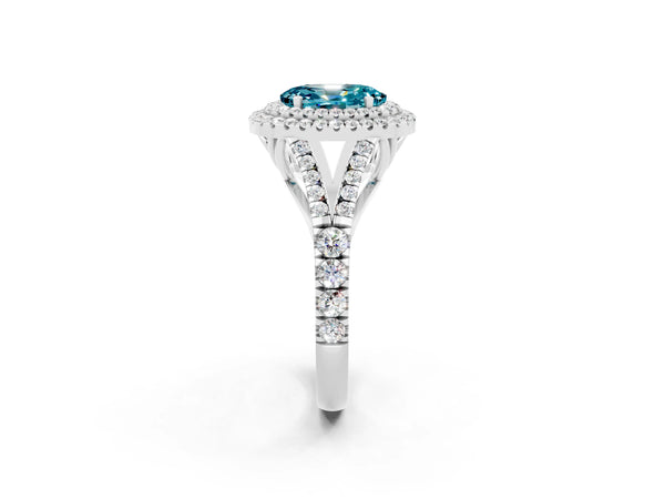 Platinum Double Halo Oval Cut Blue Topaz Pavé Split Shank Ring with Prong Setting
