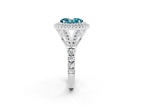 White gold Double Halo Oval Cut Blue Topaz Pavé Split Shank Ring with Prong Setting_2