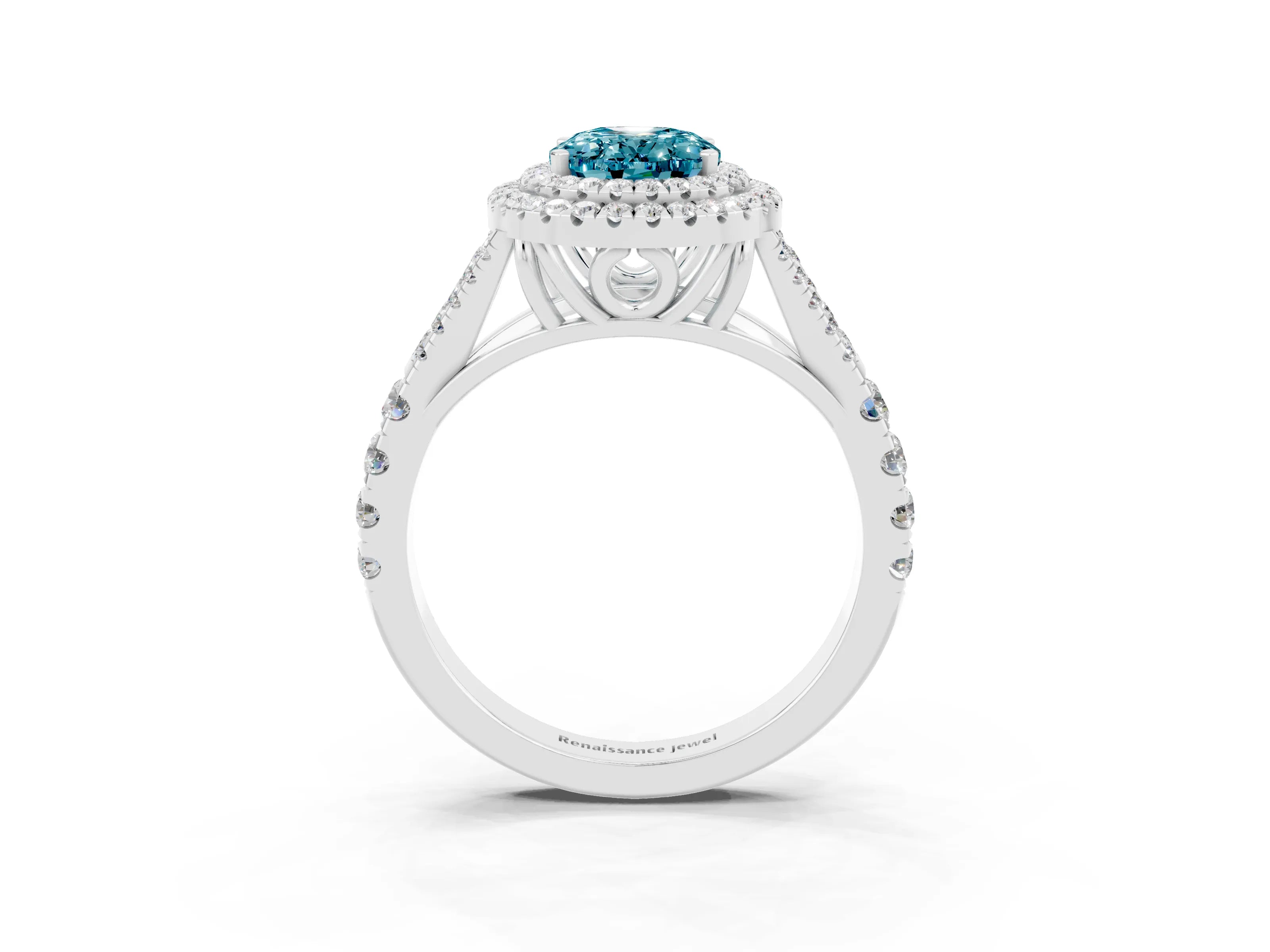 White gold Double Halo Oval Cut Blue Topaz Pavé Split Shank Ring with Prong Setting_3