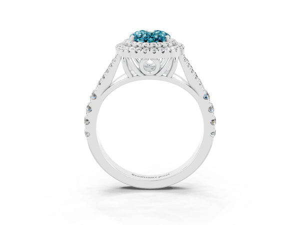Silver Double Halo Oval Cut Blue Topaz Pavé Split Shank Ring with Prong Setting