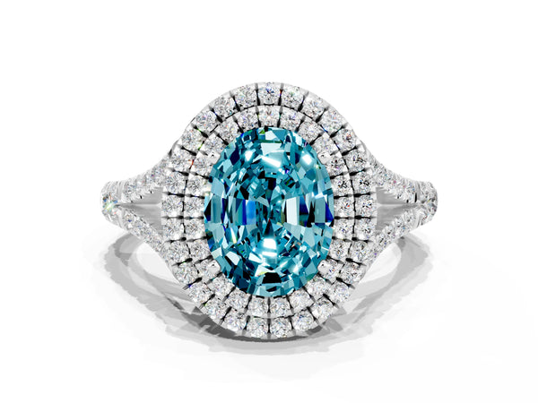 White gold Double Halo Oval Cut Blue Topaz Pavé Split Shank Ring with Prong Setting