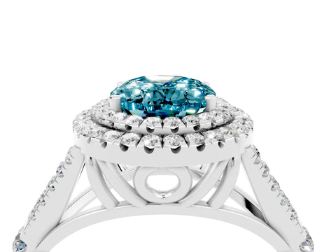 White gold Double Halo Oval Cut Blue Topaz Pavé Split Shank Ring with Prong Setting_4