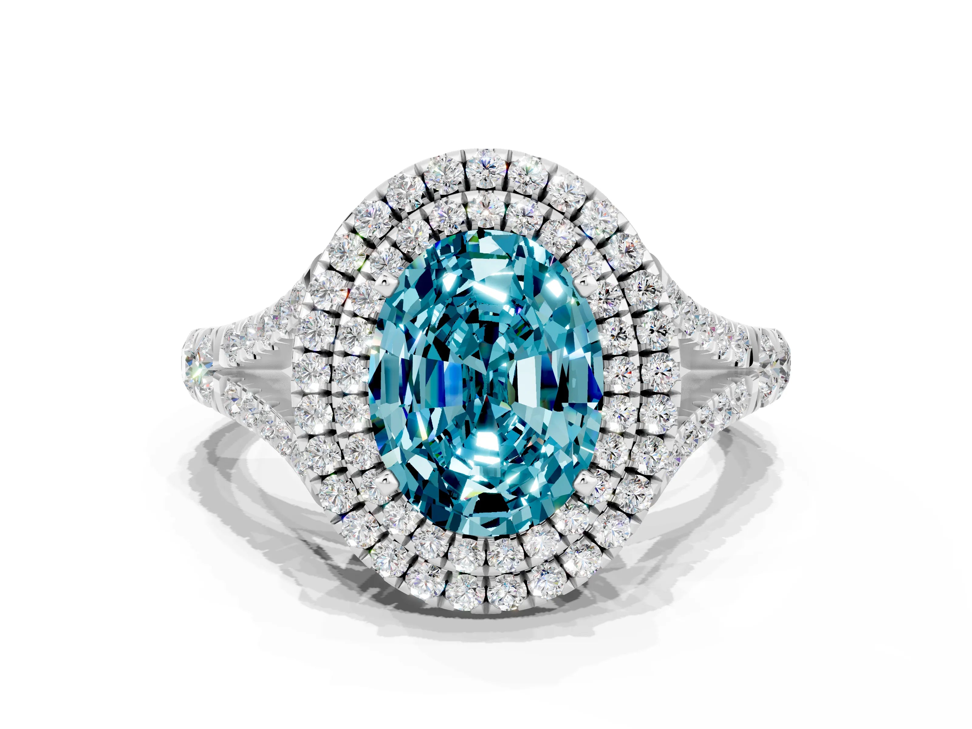 White gold Double Halo Oval Cut Blue Topaz Pavé Split Shank Ring with Prong Setting