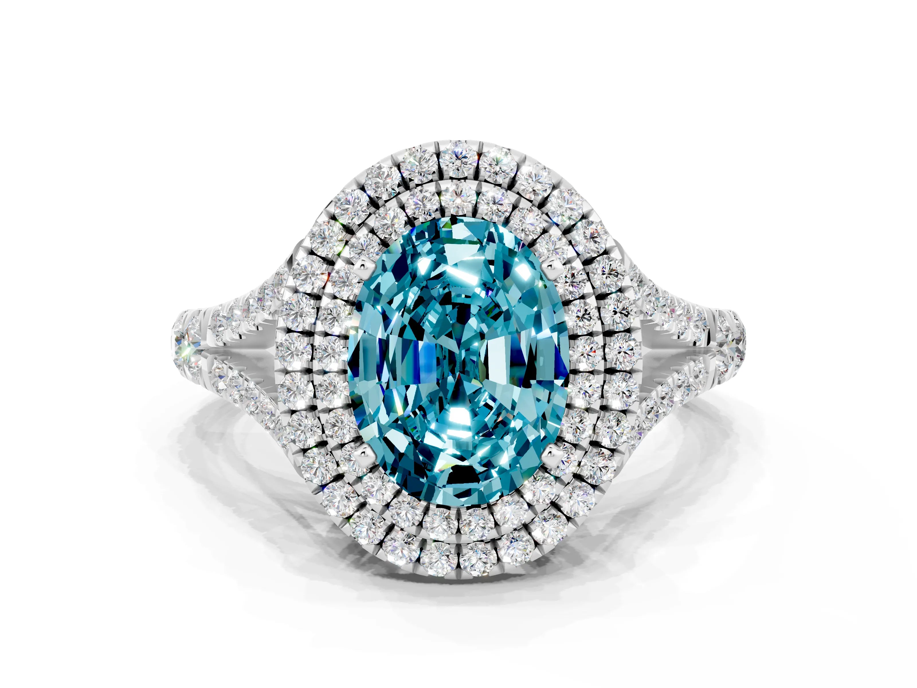 White gold Double Halo Oval Cut Blue Topaz Split Shank Engagement Ring with Four-Prong Setting