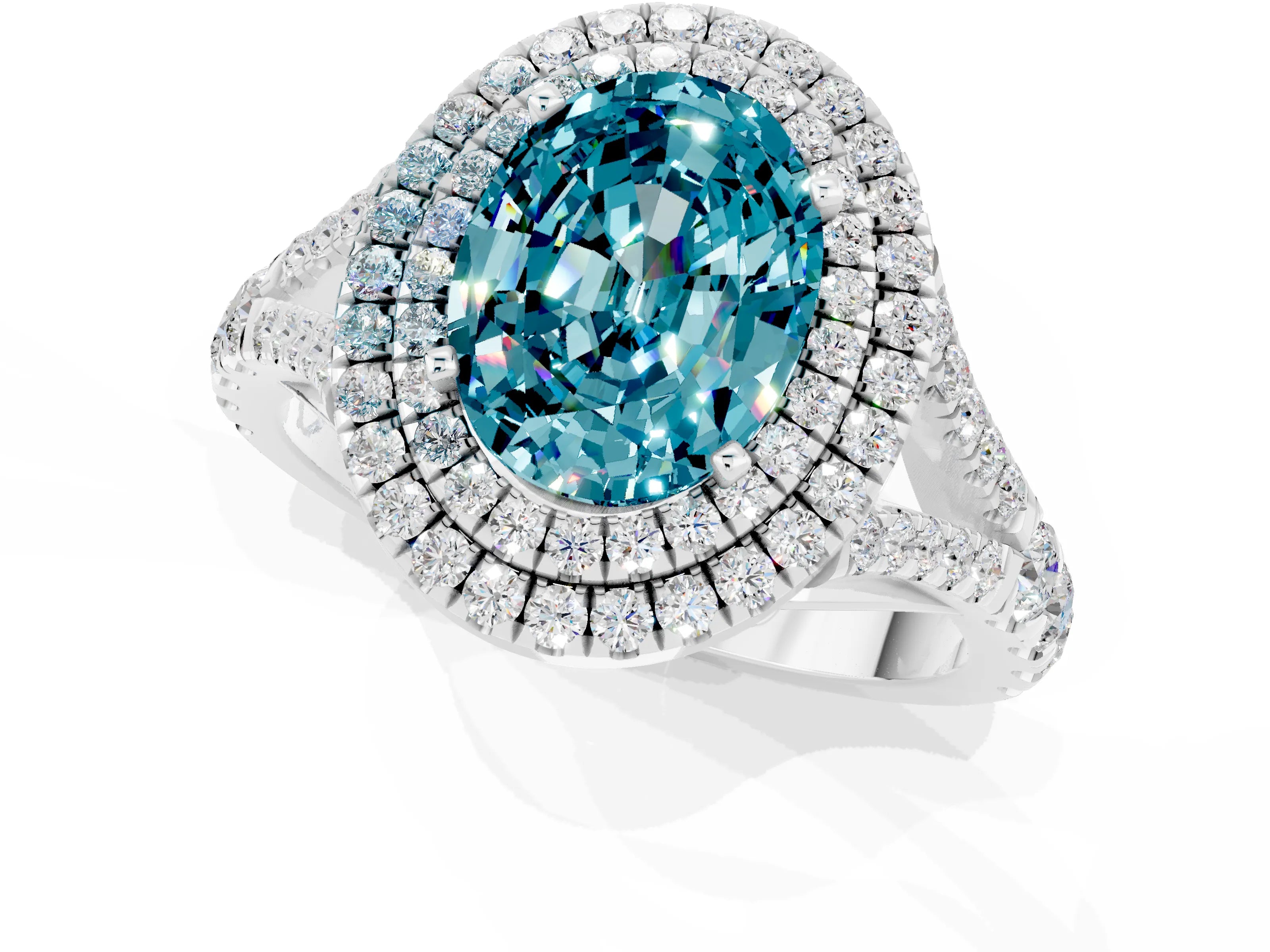 White gold Double Halo Oval Cut Blue Topaz Split Shank Engagement Ring with Four-Prong Setting_1