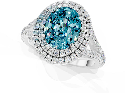 White gold Double Halo Oval Cut Blue Topaz Split Shank Engagement Ring with Four-Prong Setting_1
