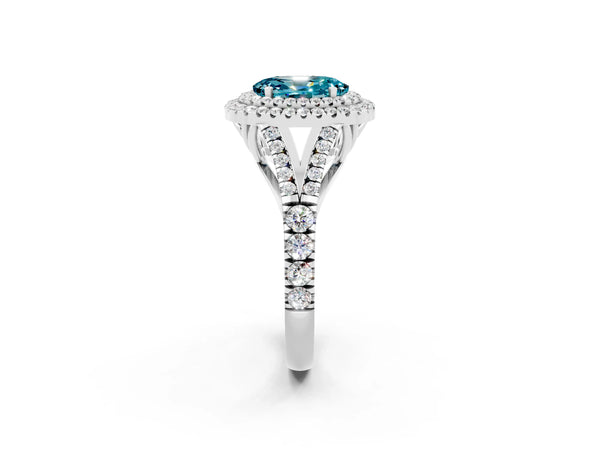 Silver Double Halo Oval Cut Blue Topaz Split Shank Engagement Ring with Four-Prong Setting