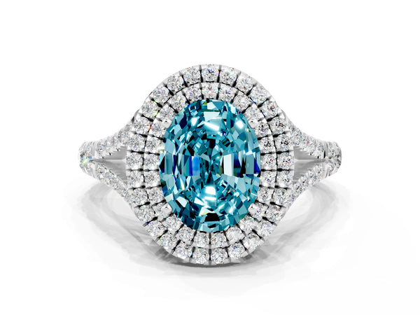 White gold Double Halo Oval Cut Blue Topaz Split Shank Engagement Ring with Four-Prong Setting