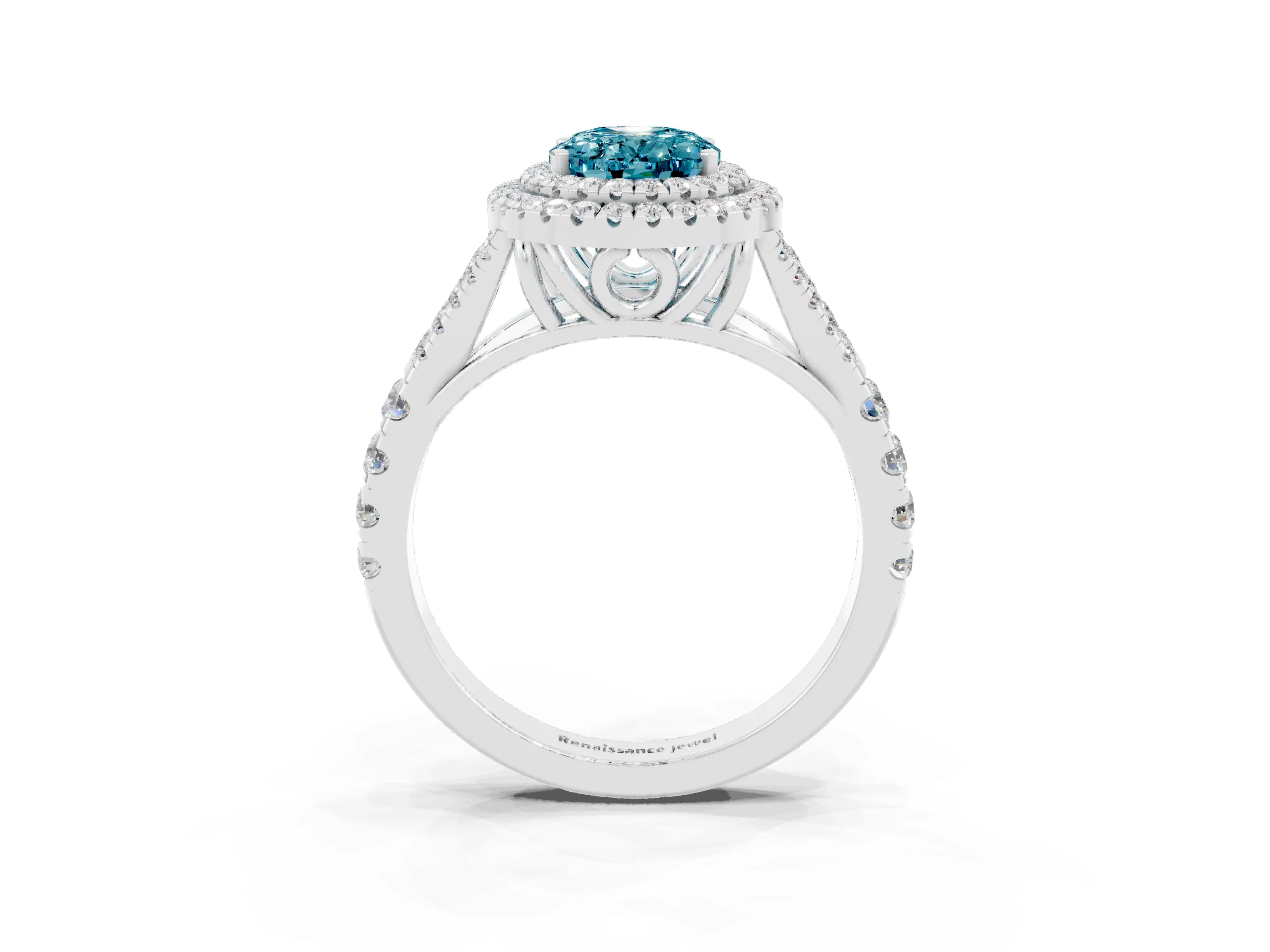 White gold Double Halo Oval Cut Blue Topaz Split Shank Engagement Ring with Four-Prong Setting_3