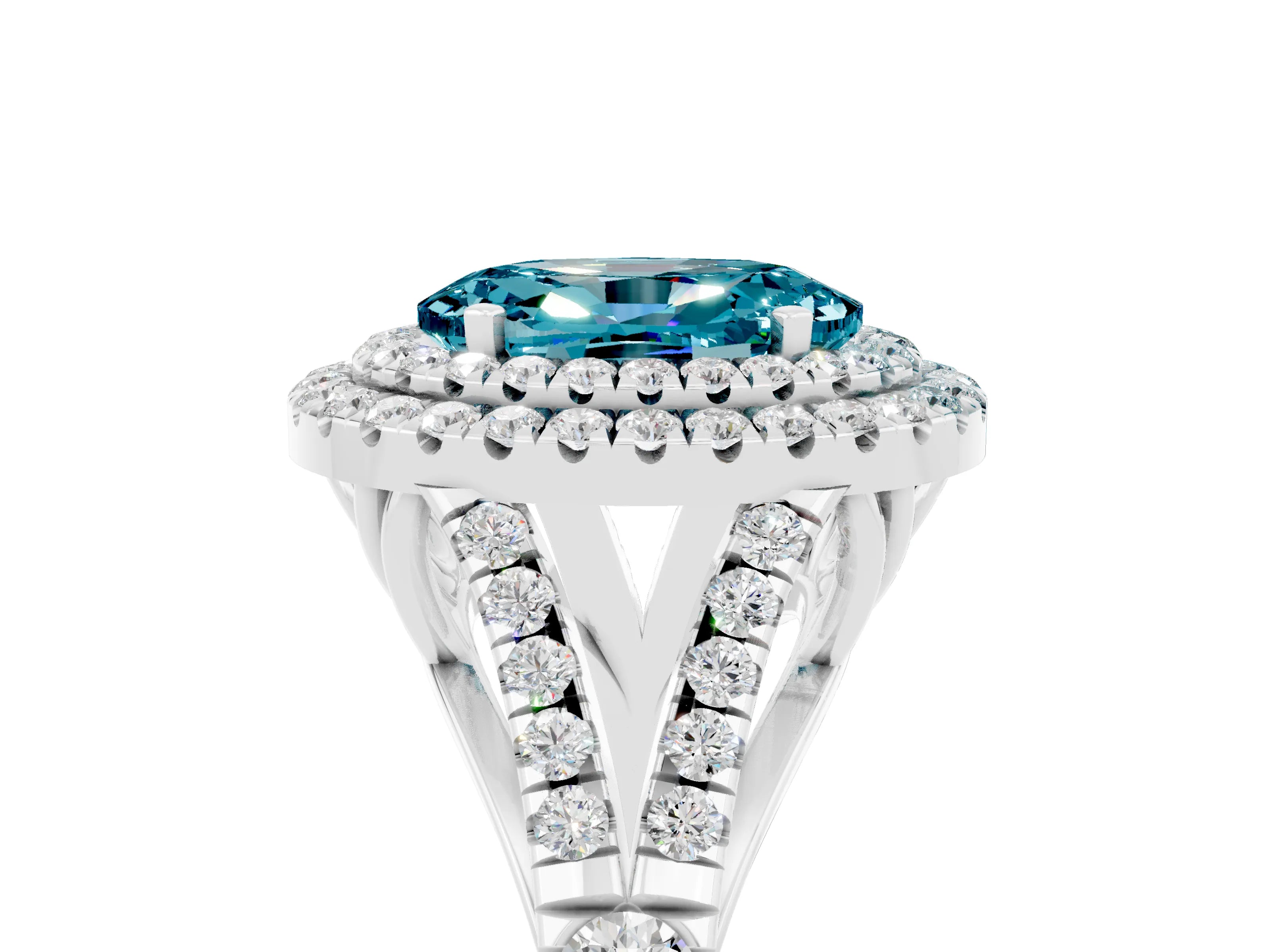 White gold Double Halo Oval Cut Blue Topaz Split Shank Engagement Ring with Four-Prong Setting_5