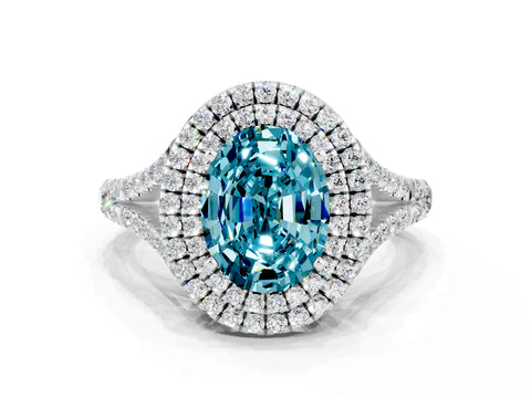White gold Double Halo Oval Cut Blue Topaz Split Shank Engagement Ring with Four-Prong Setting