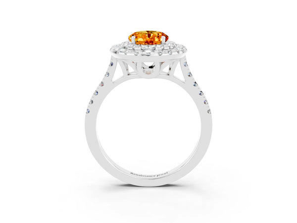 Silver Double Halo Oval Cut Citrine Pavé Band with Four-Prong Setting