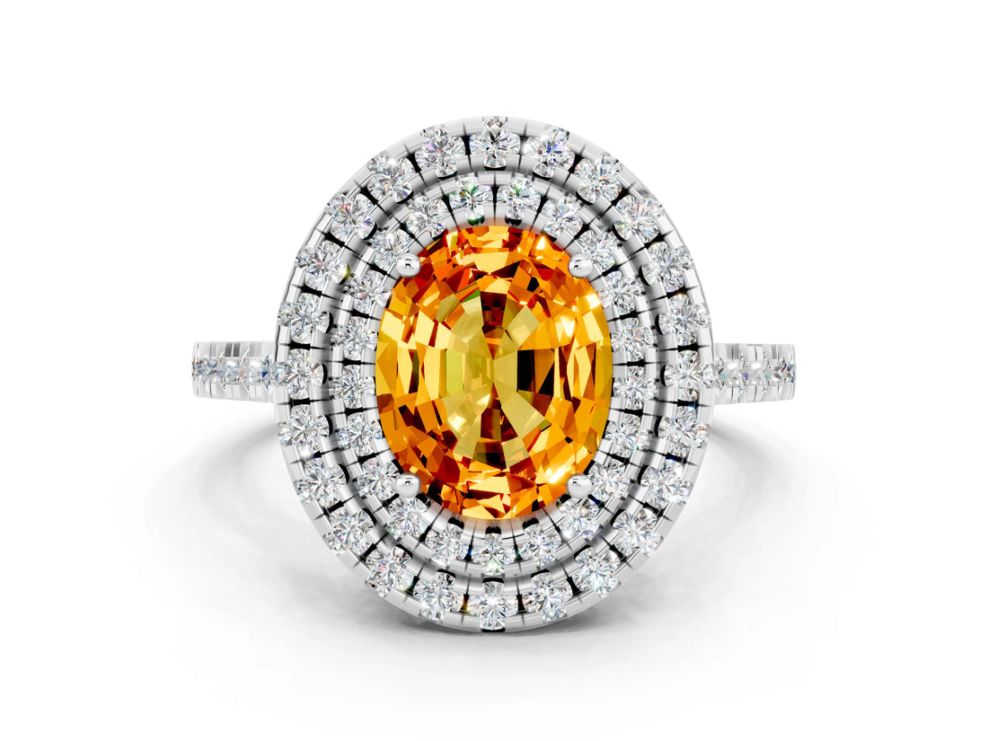 White gold Double Halo Oval Cut Citrine Pavé Band with Four-Prong Setting