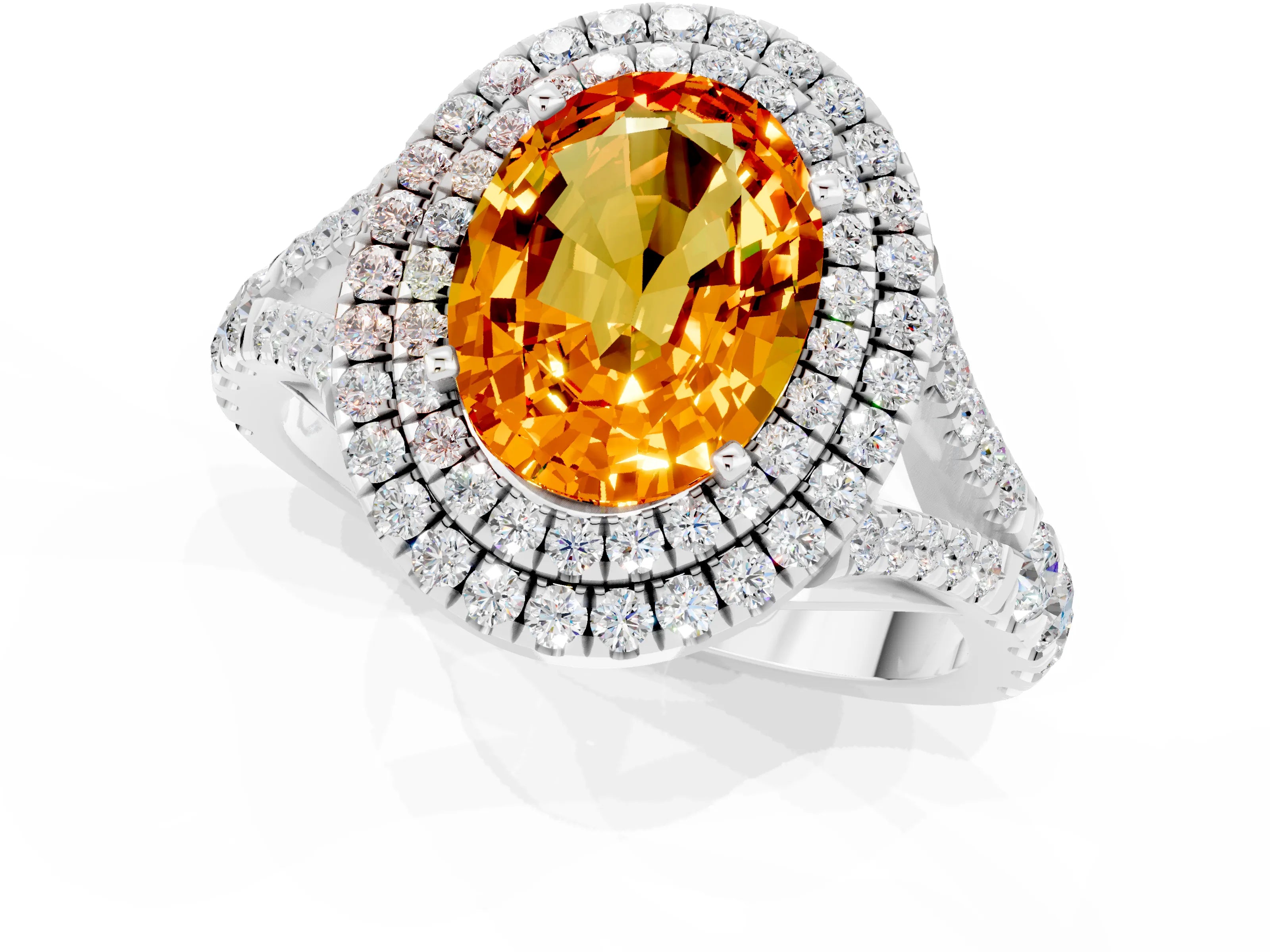 White gold Double Halo Oval Cut Citrine Pavé Split Shank Ring with Prong Setting_1
