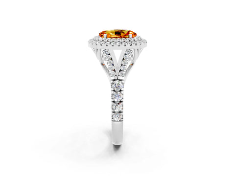 White gold Double Halo Oval Cut Citrine Pavé Split Shank Ring with Prong Setting_2