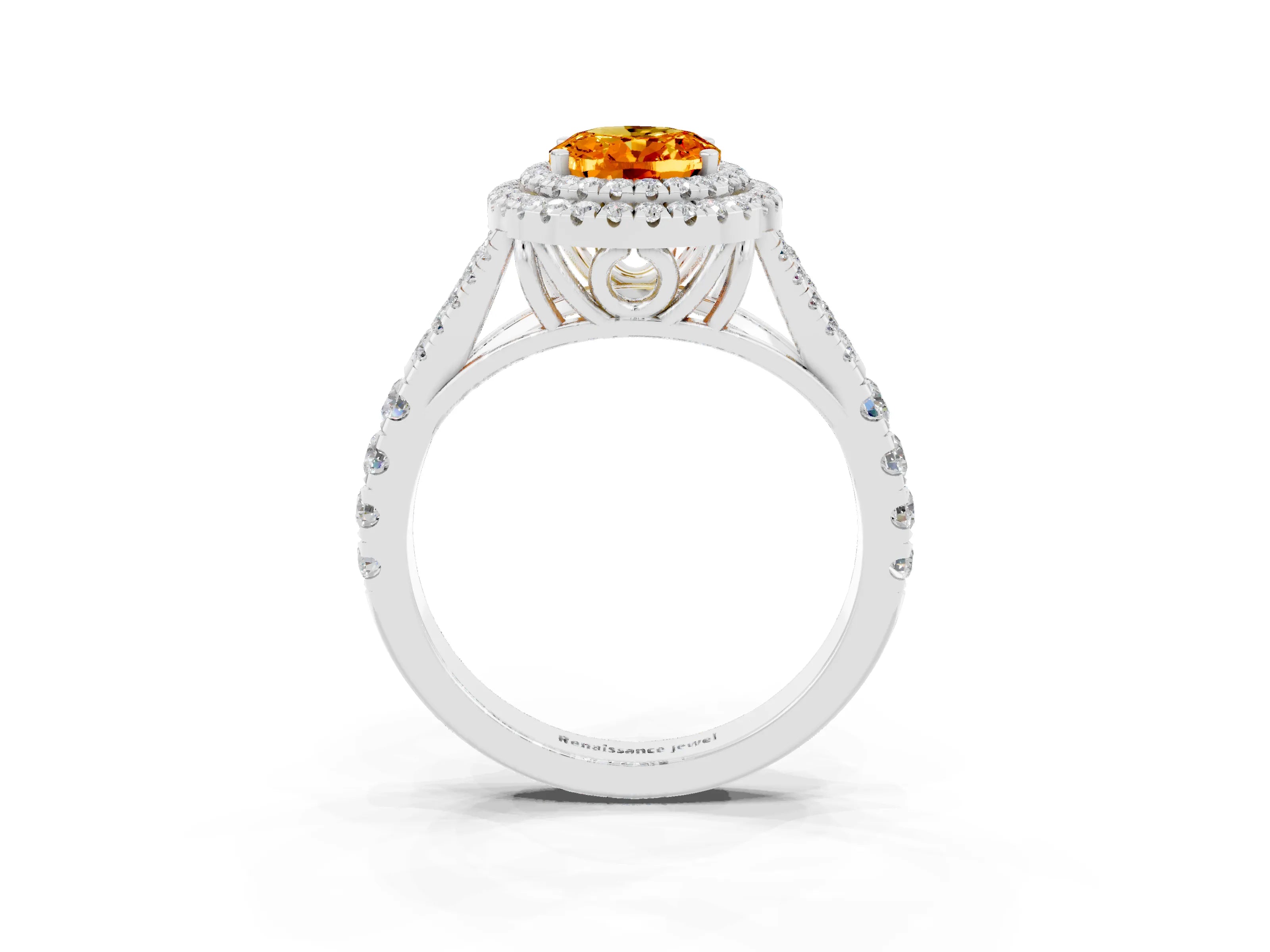 White gold Double Halo Oval Cut Citrine Pavé Split Shank Ring with Prong Setting_3