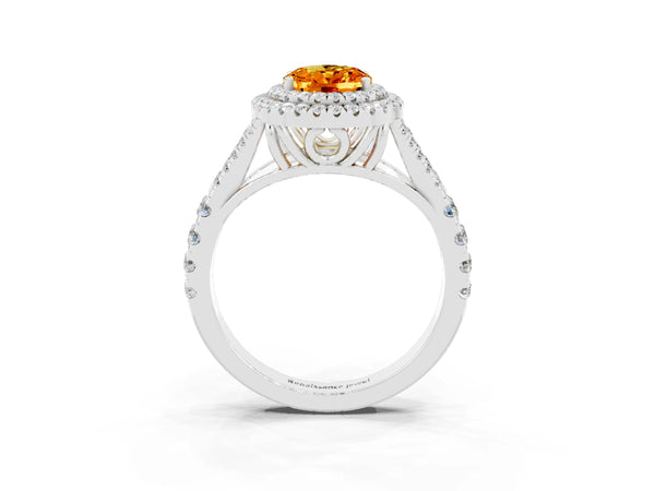 White gold Double Halo Oval Cut Citrine Pavé Split Shank Ring with Prong Setting