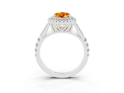 White gold Double Halo Oval Cut Citrine Pavé Split Shank Ring with Prong Setting_3