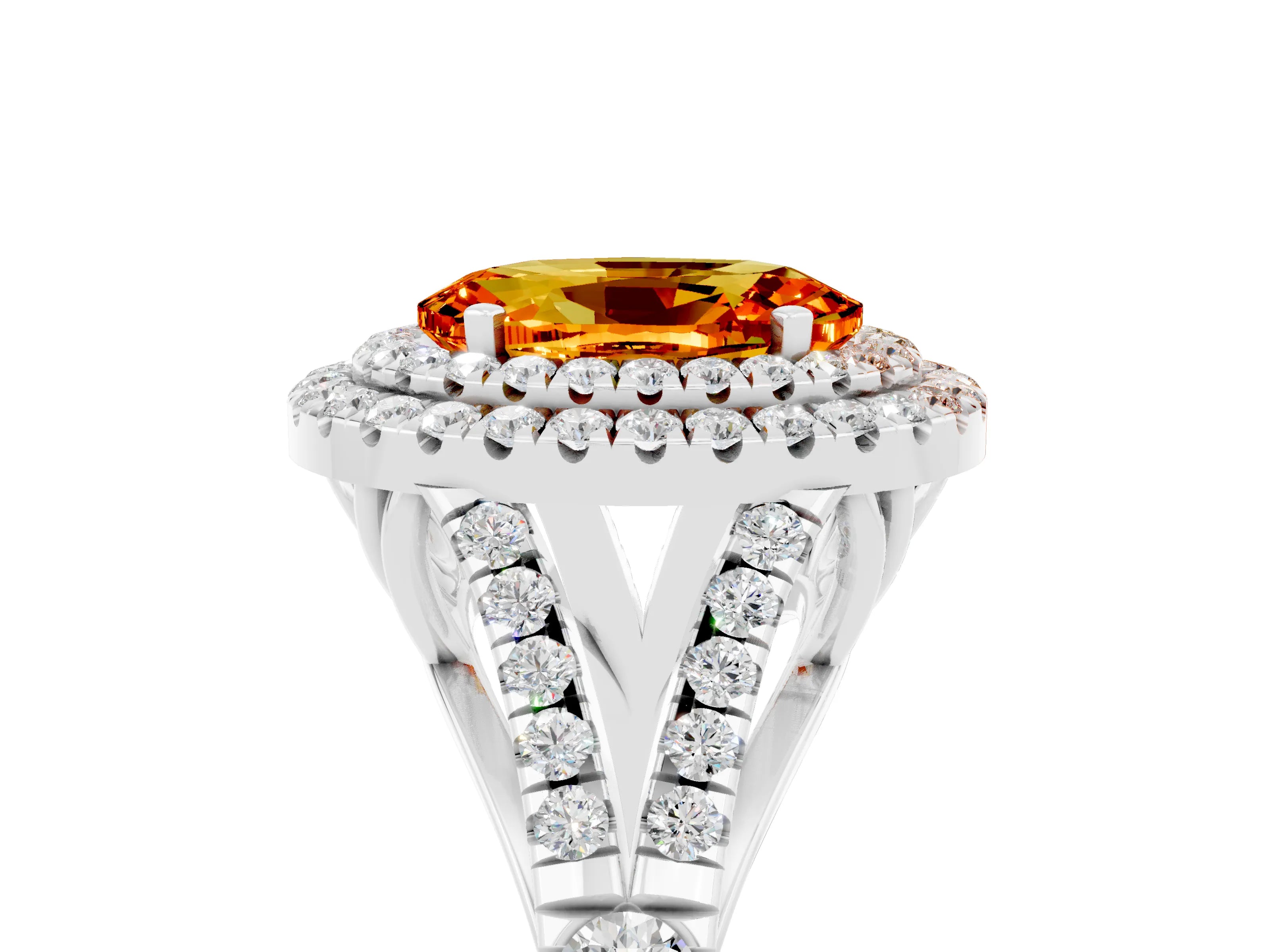 White gold Double Halo Oval Cut Citrine Pavé Split Shank Ring with Prong Setting_5