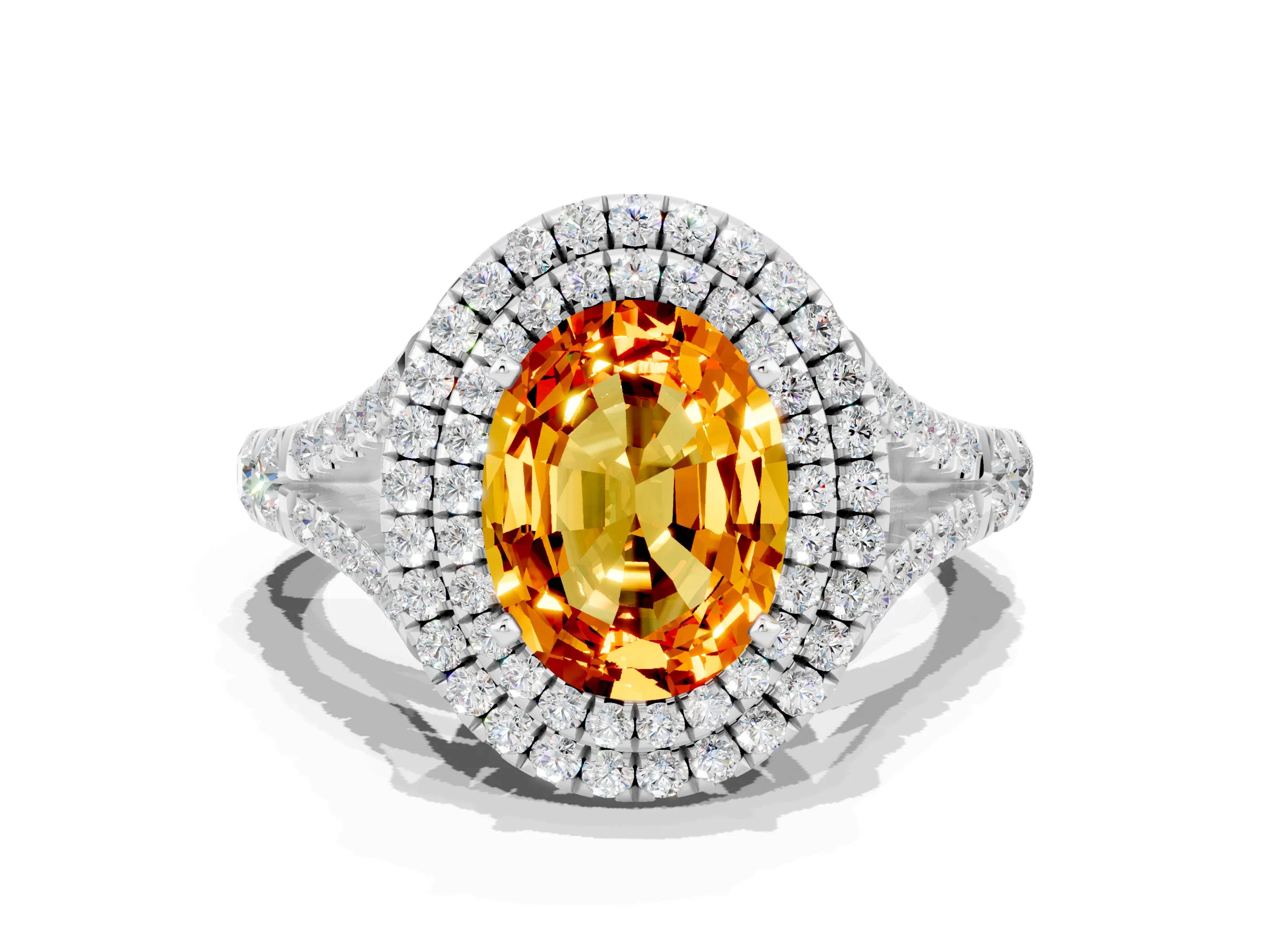 White gold Double Halo Oval Cut Citrine Pavé Split Shank Ring with Prong Setting