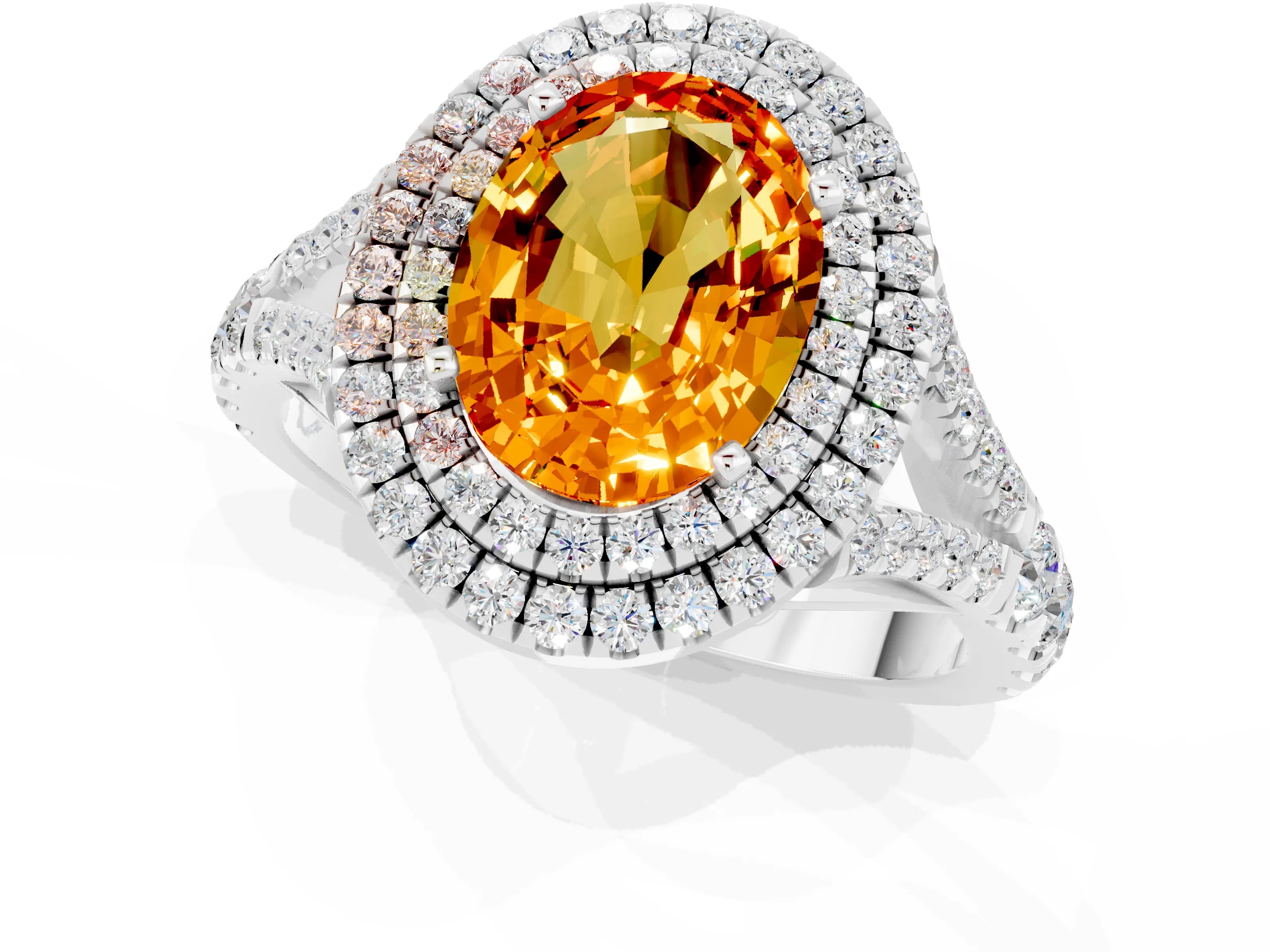 White gold Double Halo Oval Cut Citrine Split Shank Engagement Ring with Four-Prong Setting_1