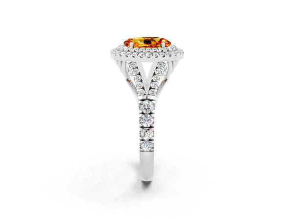 Silver Double Halo Oval Cut Citrine Split Shank Engagement Ring with Four-Prong Setting