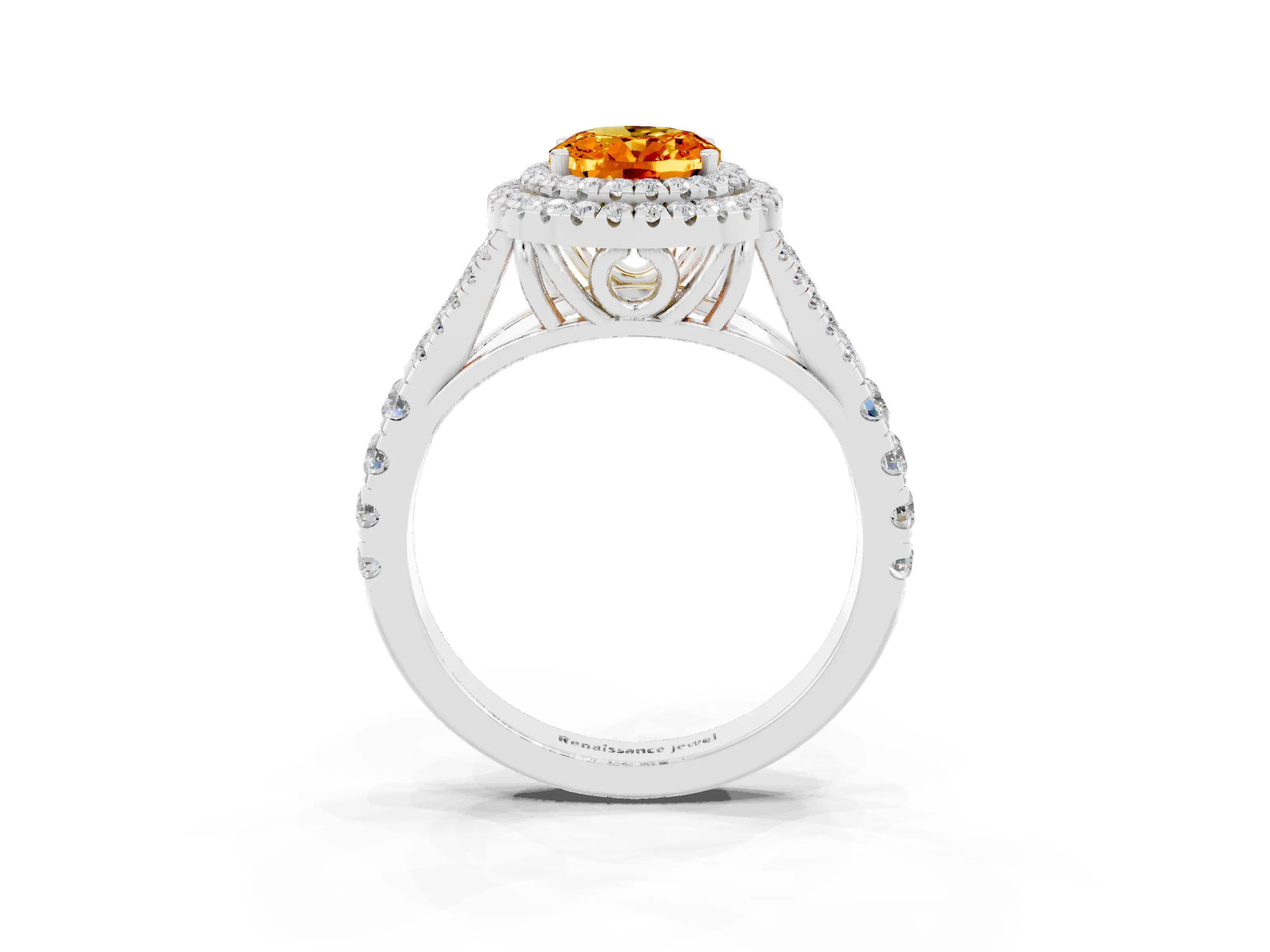 White gold Double Halo Oval Cut Citrine Split Shank Engagement Ring with Four-Prong Setting_3