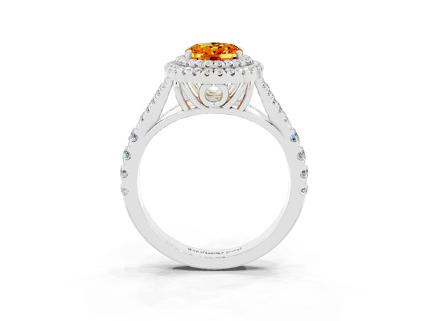 Silver Double Halo Oval Cut Citrine Split Shank Engagement Ring with Four-Prong Setting