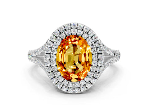 White gold Double Halo Oval Cut Citrine Split Shank Engagement Ring with Four-Prong Setting