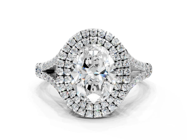 White gold Double Halo Oval Cut Diamond Split Shank Engagement Ring with Four-Prong Setting