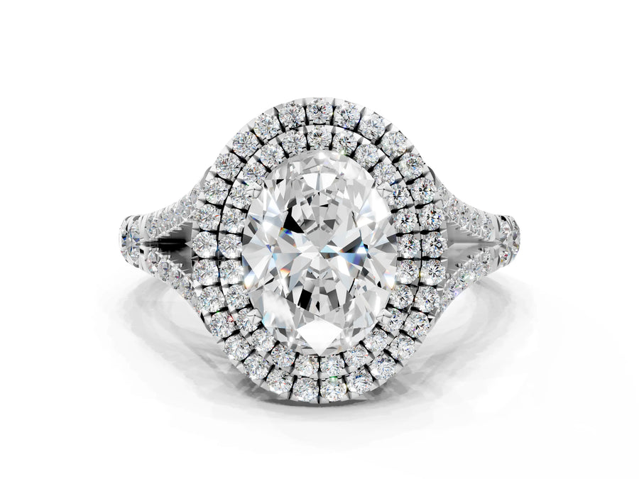 White gold Double Halo Oval Cut Diamond Split Shank Engagement Ring with Four-Prong Setting