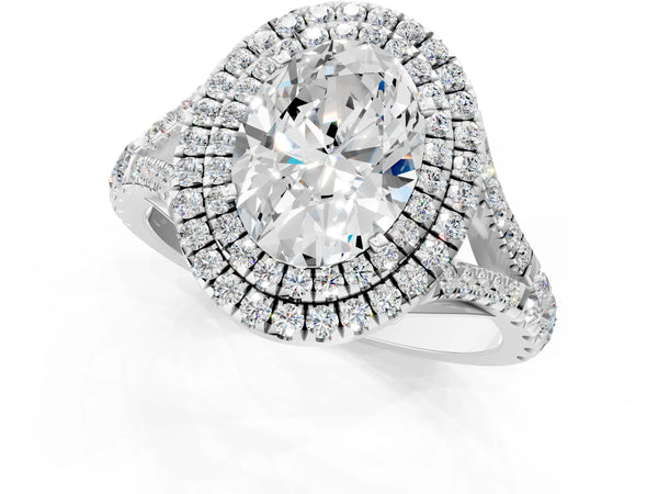 White gold Double Halo Oval Cut Diamond Split Shank Engagement Ring with Four-Prong Setting