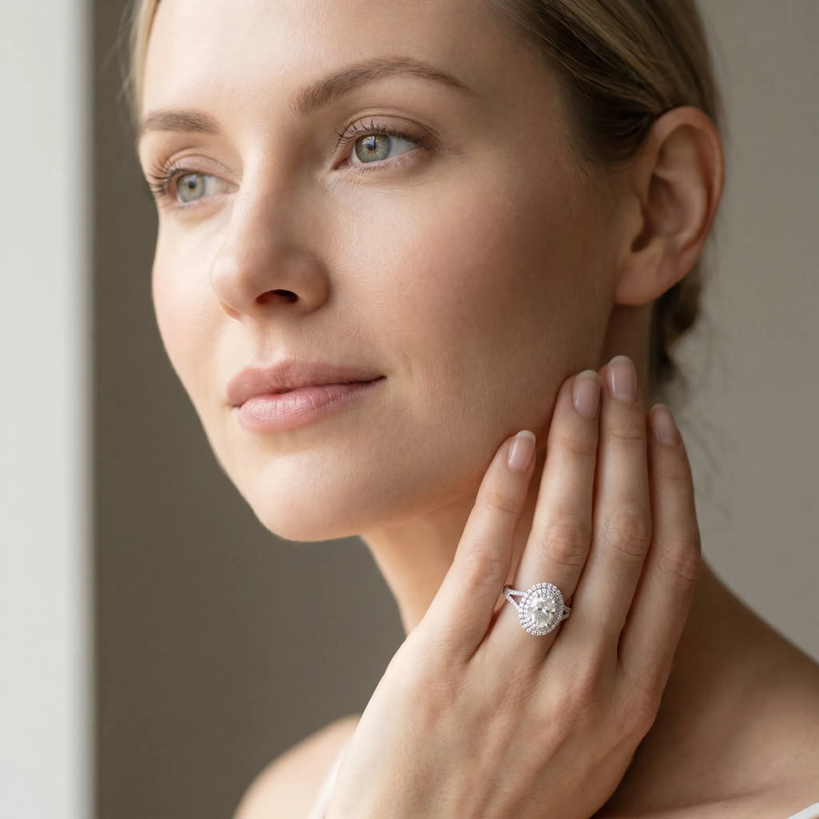 White gold Double Halo Oval Cut Diamond Split Shank Engagement Ring with Four-Prong Setting