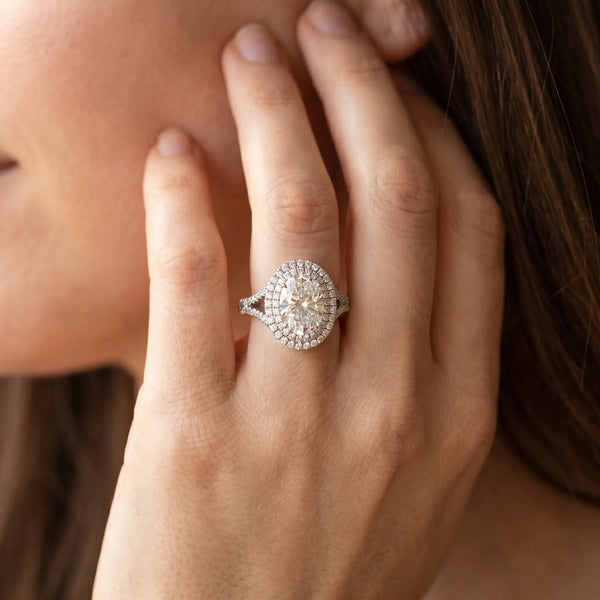 White gold Double Halo Oval Cut Diamond Split Shank Engagement Ring with Four-Prong Setting