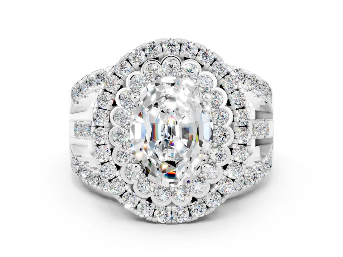 White gold Double Halo Oval Cut Diamond Split Shank Pave Set Ring