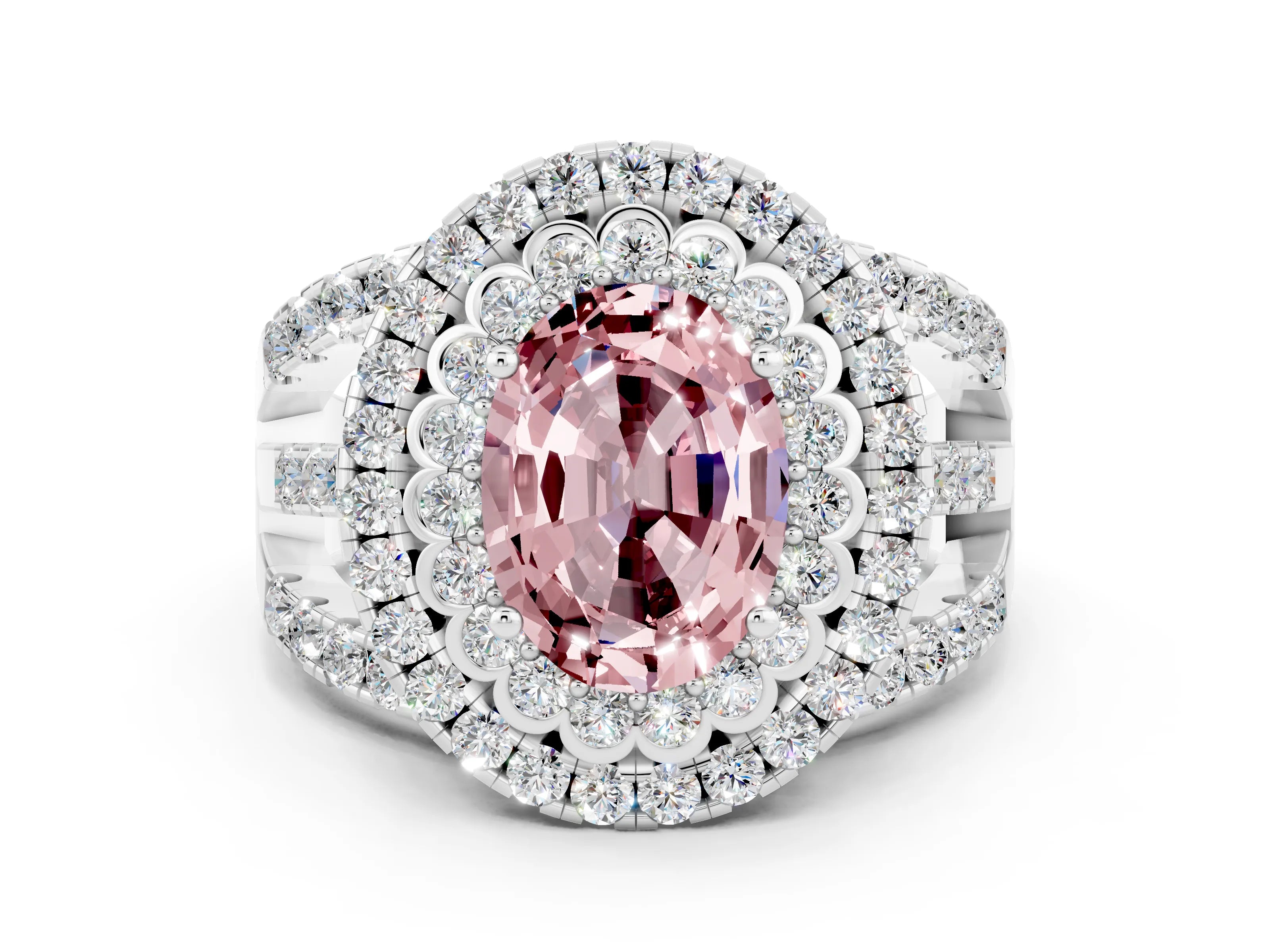 White gold Double Halo Oval Cut Diamond Split Shank Pave Set Ring