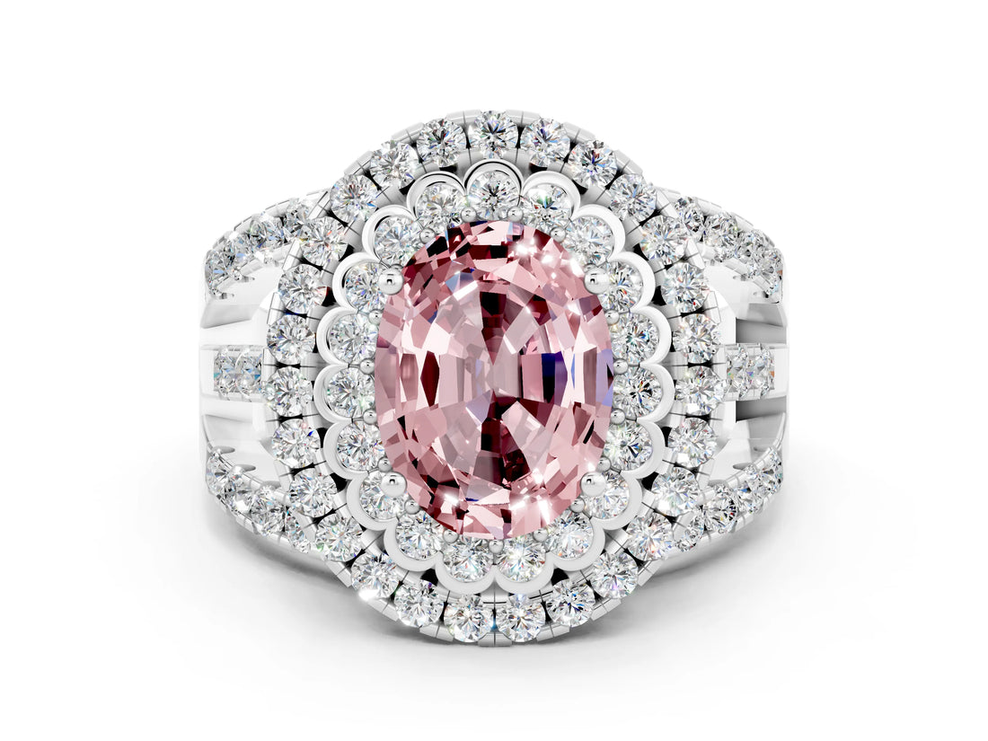 White gold Double Halo Oval Cut Diamond Split Shank Pave Set Ring