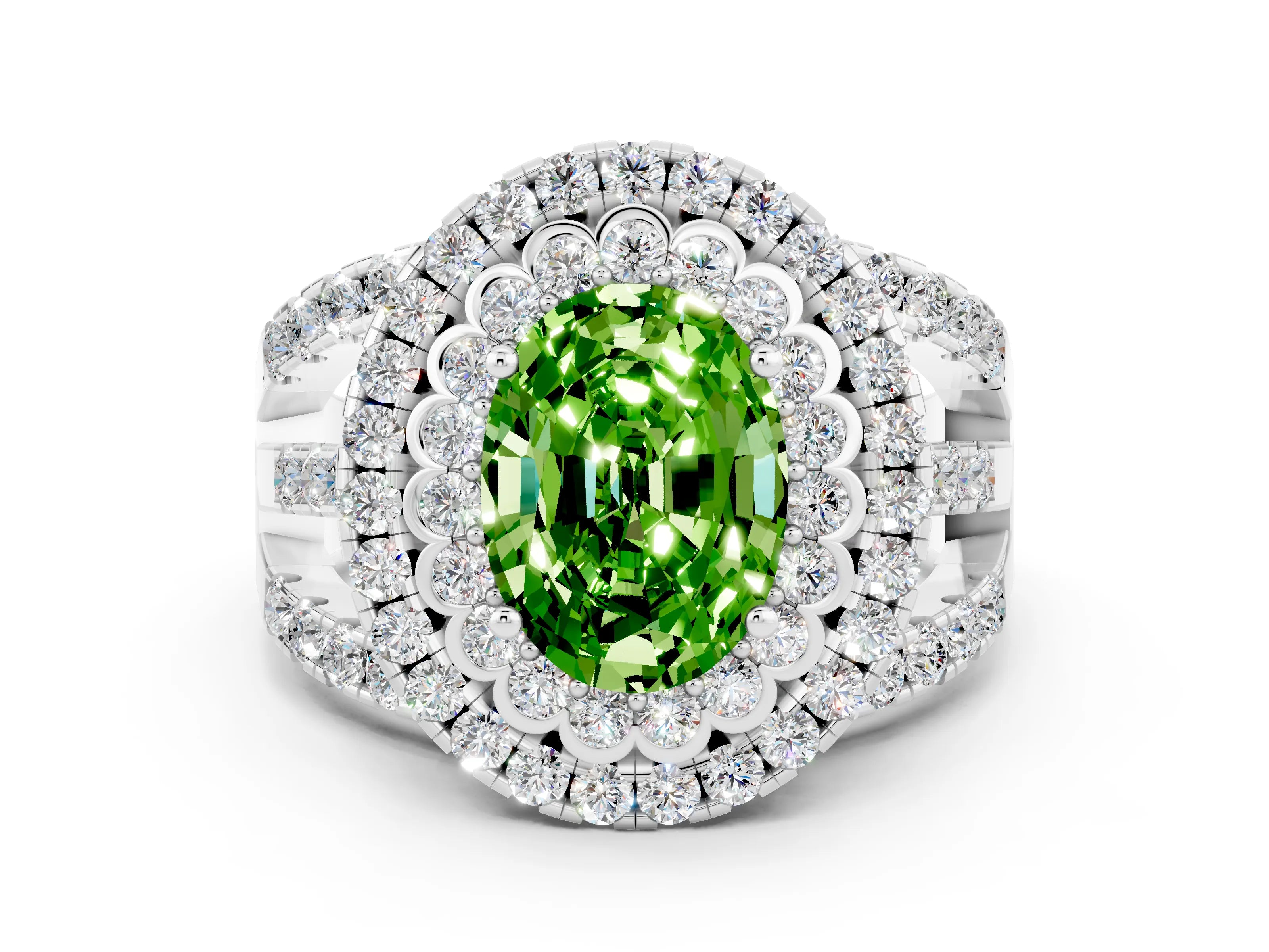 White gold Double Halo Oval Cut Diamond Split Shank Pave Set Ring