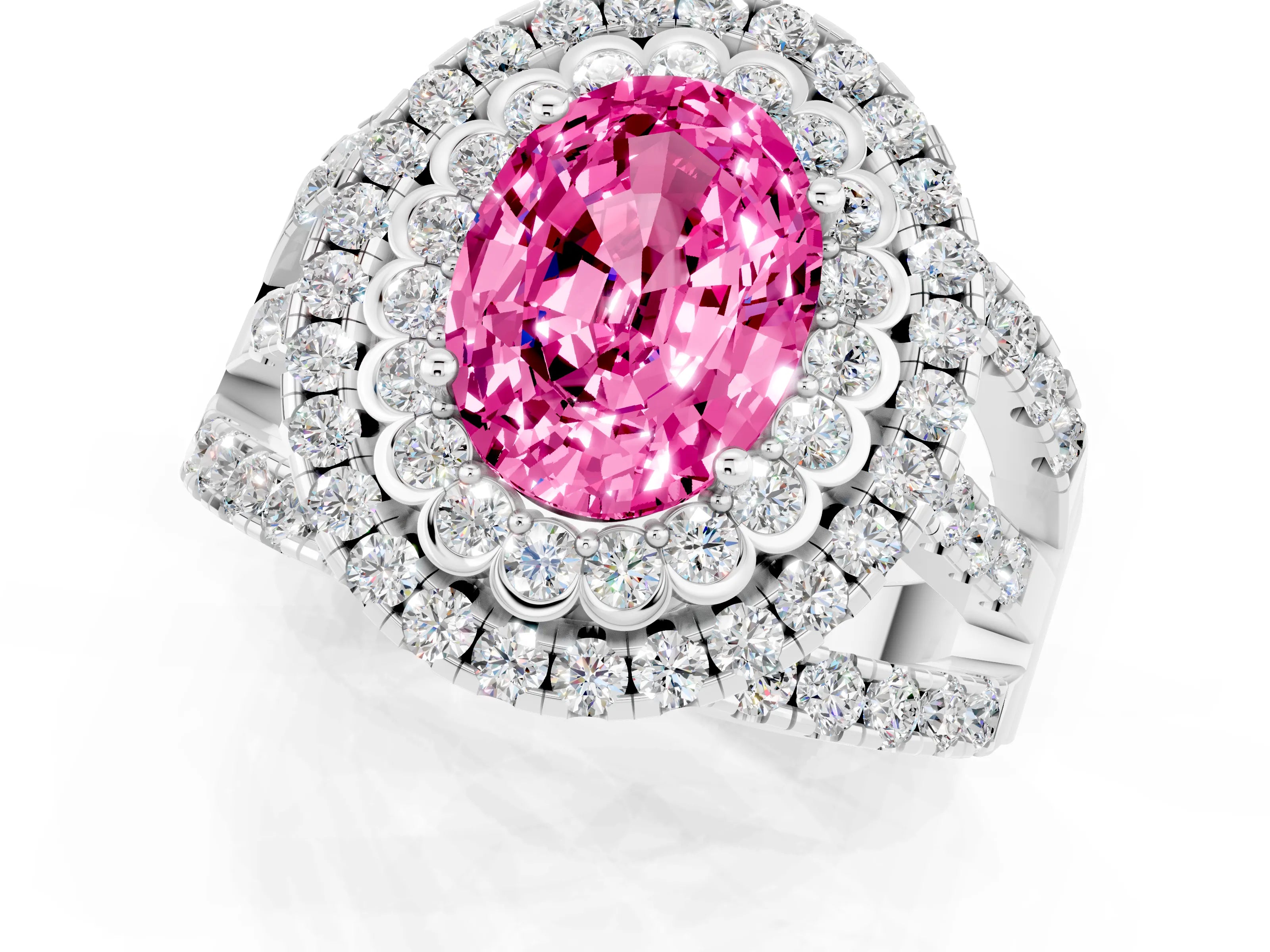 White gold Double Halo Oval Cut Diamond Split Shank Pave Set Ring_1